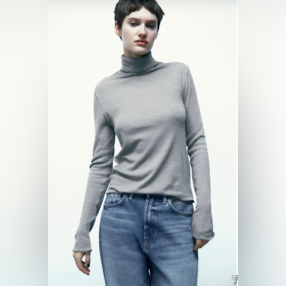 ZARA RIBBED WOOL BLEND TURTLENECK COLOR GREY SIZE L NWT